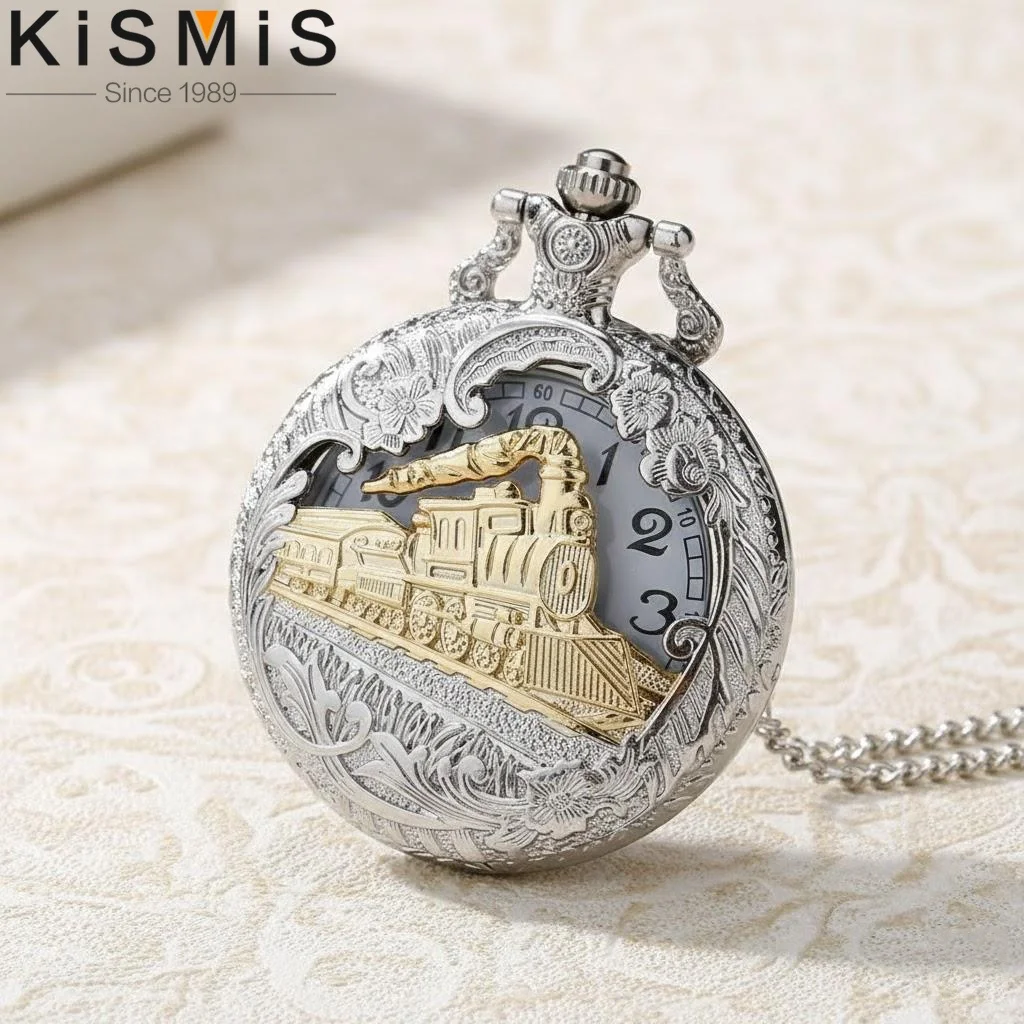 

Vintage Steam Train Pocket Watch Antique Skeleton Case Quartz with Roman Numerals Locomotive Pendant Chain