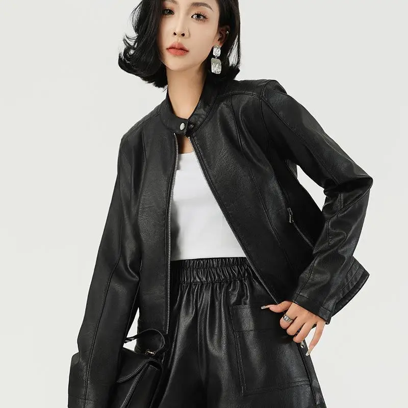 جاكيت جلد نسائي أنيق بتصميم دراجة نارية، طويل الأكمام، مناسب للتنقل اليومي، معطف خارجي للخريف والشتاء