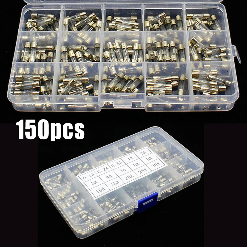 150pcs Glass Tube Fuses 250V 5x20mm Assorted Equipment Kit Supplies With Plastic Box 0.1A-30A Industrial Portable