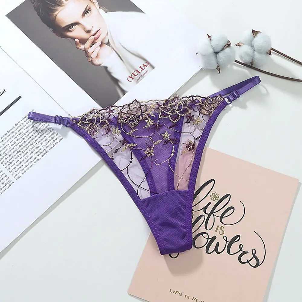 

Embroidered Soft T-Back G String Underpants Cotton Crotch Mesh Thong Lady Lingerie Sexy Briefs Flowers Panties