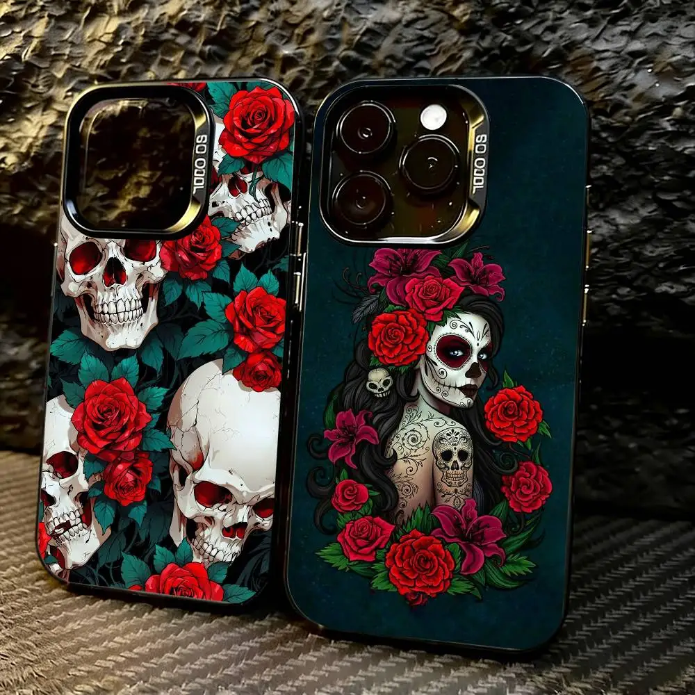 

M-Mexican Catrina S-Skull Phone Case For iPhone 17,16,15,14,13,12,11 Plus,Pro Max,XS,Colored Silver Plated Inside Cover