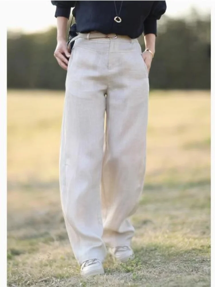 

Женские летние свободные брюки с высокой талией и широкими штанинами, из льняной ткани, прямого кроя, в стиле Casual, с изогнутым кроем, простые и элегантные.