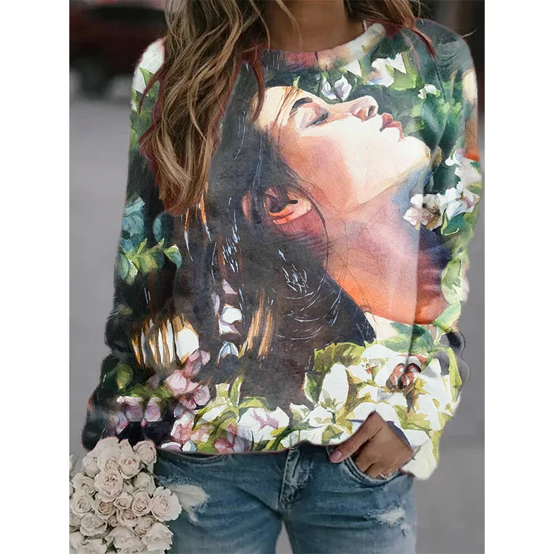 Portrait Oil Painting 3D Print Sweatshirts Women Long Sleeve Hoodies Raglan Sleeves Pullovers Y2k Harajuku Tops Female Clothing