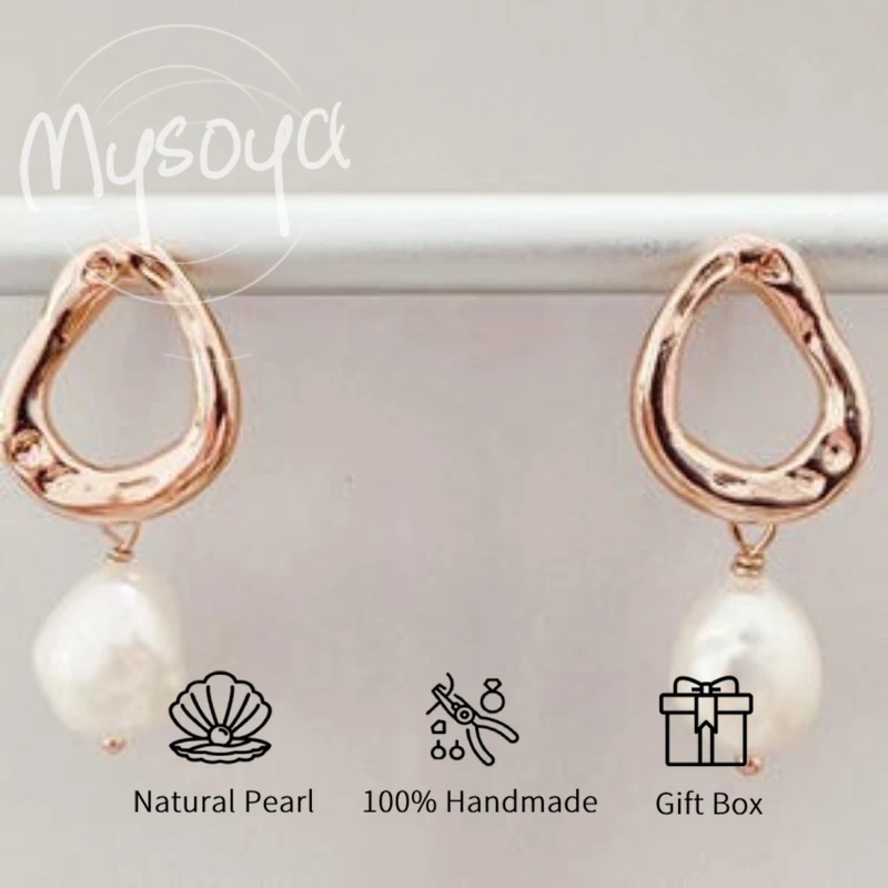 

MYSOYA White Baroque Freshwater Pearl Rose Golden Earrings 8-9mm With A Gift Box, For Her/Him, Birthday/Wedding/Christmas Gift