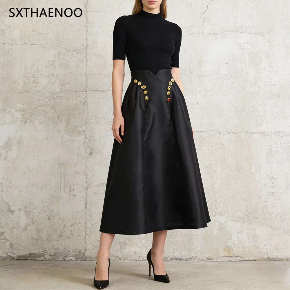 

SXTHAENOO High Waist A- Line Long Skirt Women's Fashion Sense Pleated Decorative Splicing Design Half-Length Skirt Street Style