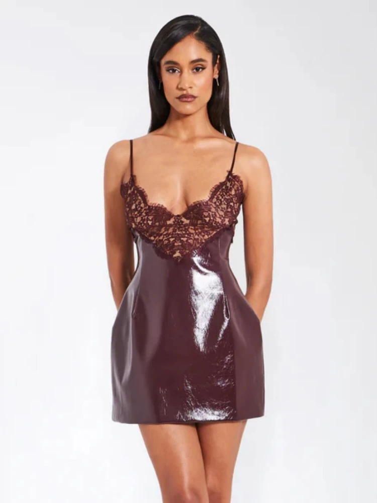 Robe Sexy en Faux cuir Pu pour femmes, bretelles Spaghetti, dentelle, Patchwork, bordeaux, sans manches, Slim, soirée, Cocktail