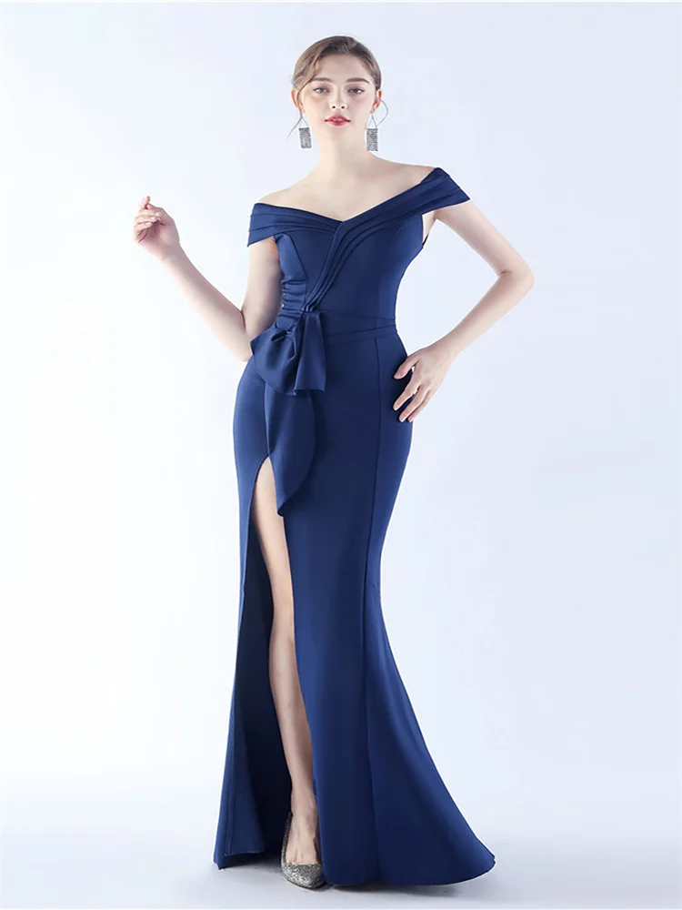 

New Arrival Off Shoulder Neckline Satin Mermaid Evening Dress Elegant Open Back Zipper Floor Length High Slit Gown For Women