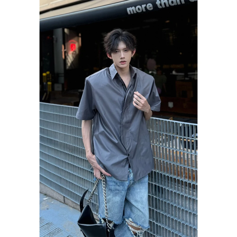 Metallic Coated oulder Pad irt Men's ort Sve Summer Trendy High-End Deconstructed Design Sense irt Ice Silk Loose Fit