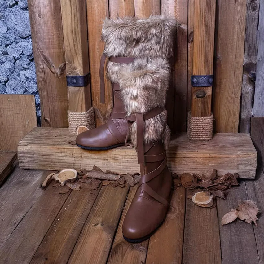 Medieval Renaissance Adult Men's Viking Barbarian Pu Leather Brown Vintage Mid-calf Boots Halloween Party Cosplay Boots 2025