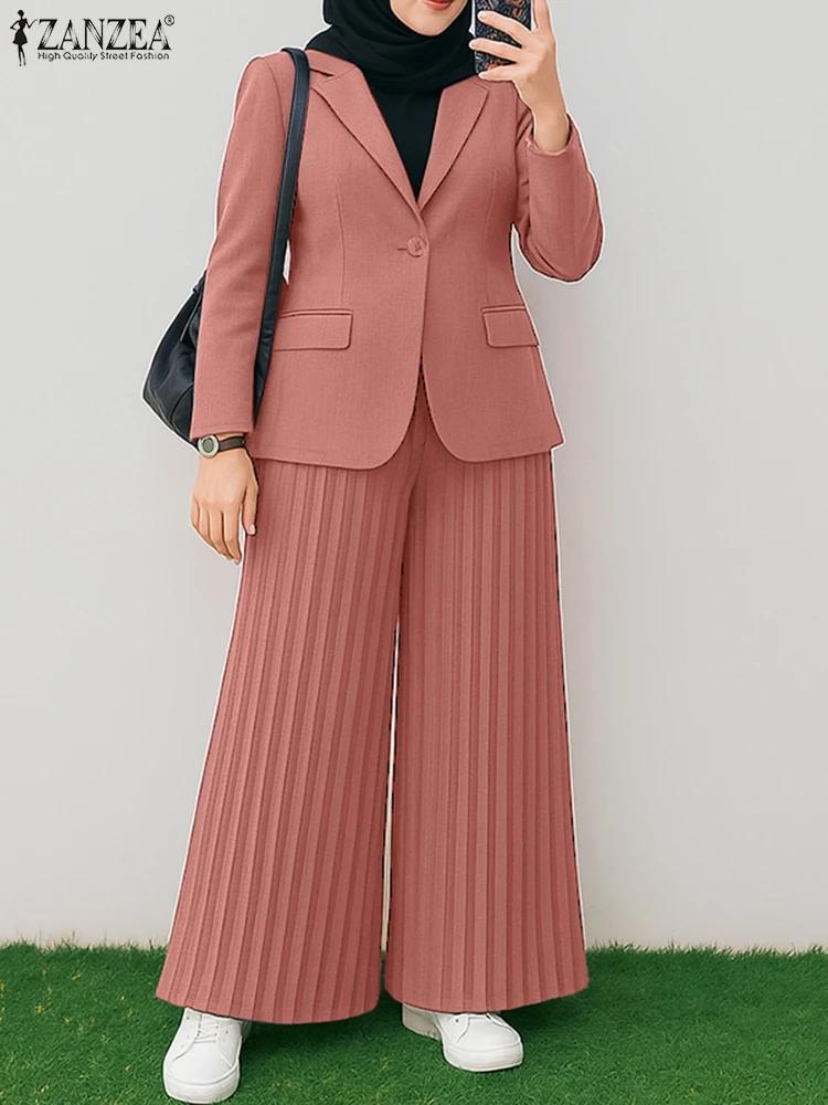 ZANZEA Autumn 2 Piece Sets Women Office Outfits 2025 Elegant Long Sleeve Blazer Wide Leg Pleated Trousers Suit Muslim Tracksuits