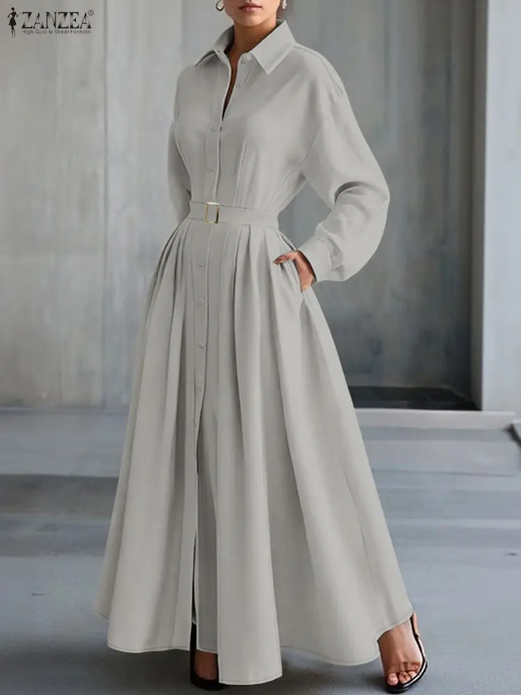 

ZANZEA Women Fashion Maxi Long Dresses Autumn Turn-Down Collar Long Sleeve Button Up Belted Shirtdress Solid Color Streetwear