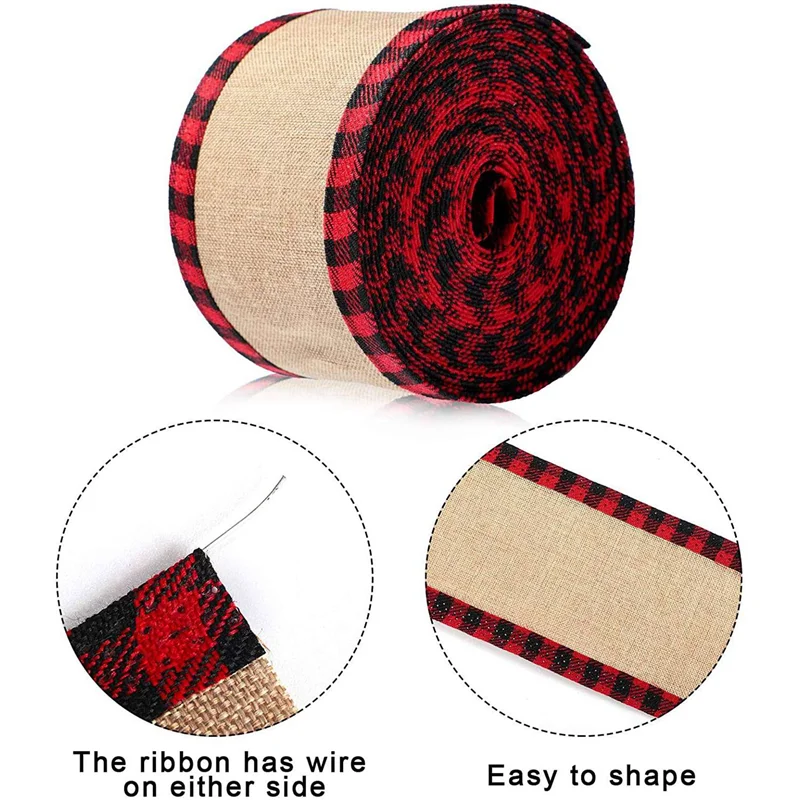 B62B-8X Buffalo Plaid Wired Edge Ribbons Christmas Burlap Fabric Craft Ribbon Wrapping Ribbon Rolls With Checkered Edge Red