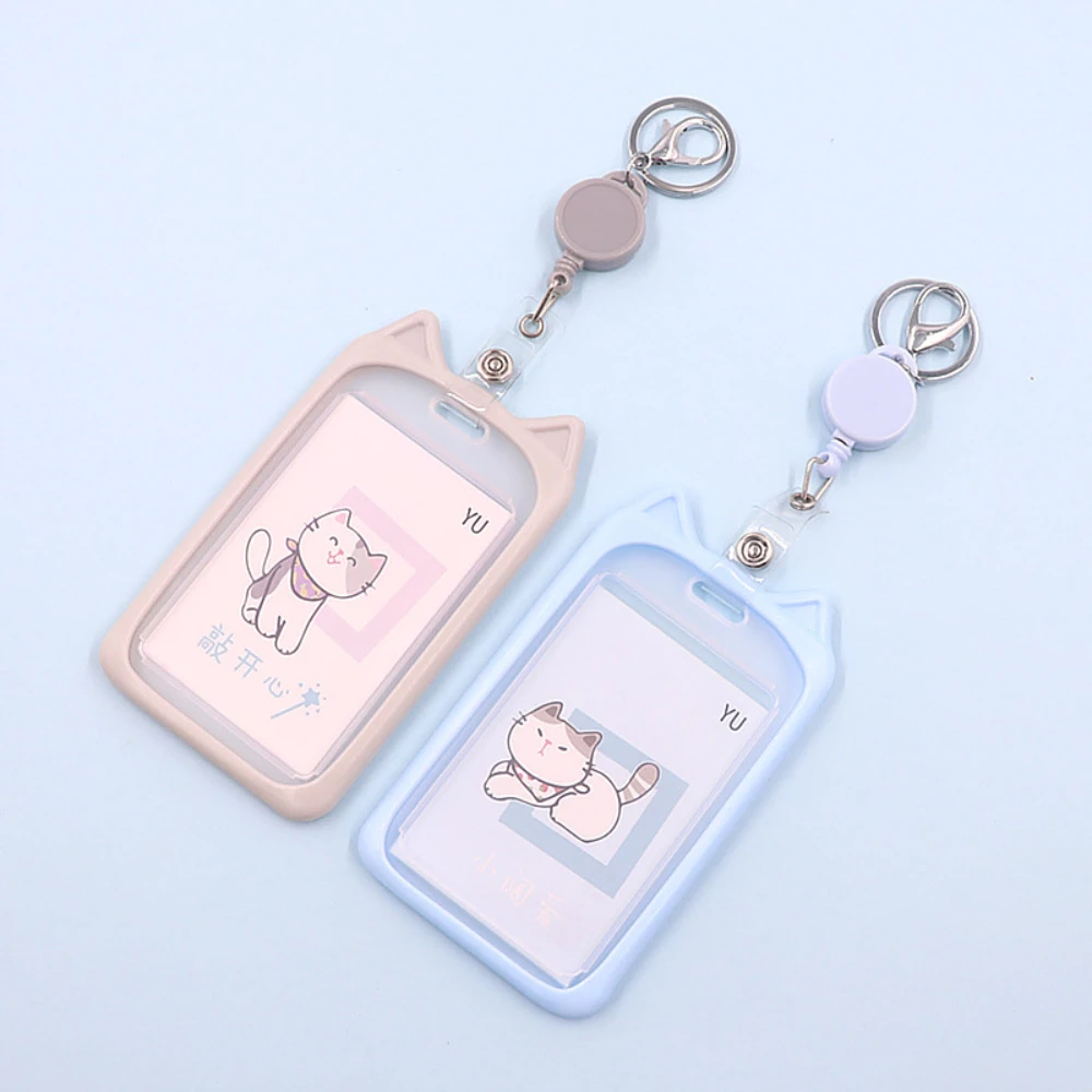 1Pcs Cat Ear Card Holder+Retractable Reel Lanyard，Work ID Card Holder Campus Card Neck Lanyard Badge Holder Protective Cover