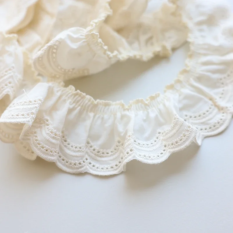 2Yards Cotton Pleated Fabric Embroidered Lace Guipure, Neckline Cuffs, Ruffle Trim, DIY Sewing Decor