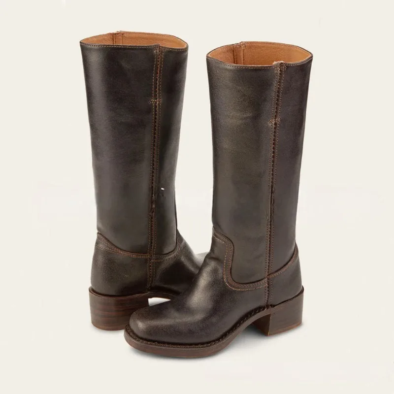 40-46 Large Size Retro Women's Shoes Square Heel Square Head Fashion Knee-High Boots Women Fashion Wide Tube Solid Cowboy Boots