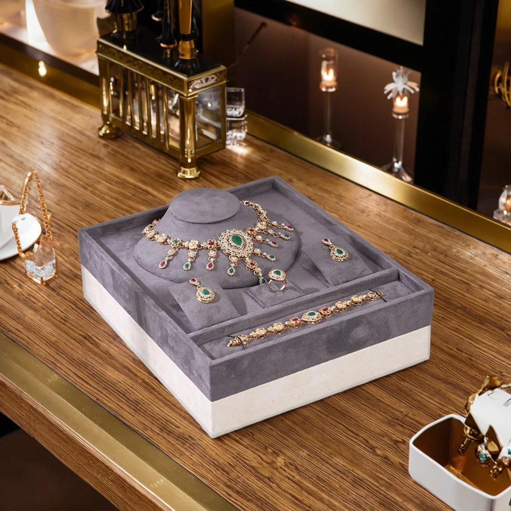 Luxury Unique Cream Gray Velvet Jewelry Presentation Tray Stackable Ring Earrings Necklace Bracelet Jewelry Storage Display Tray