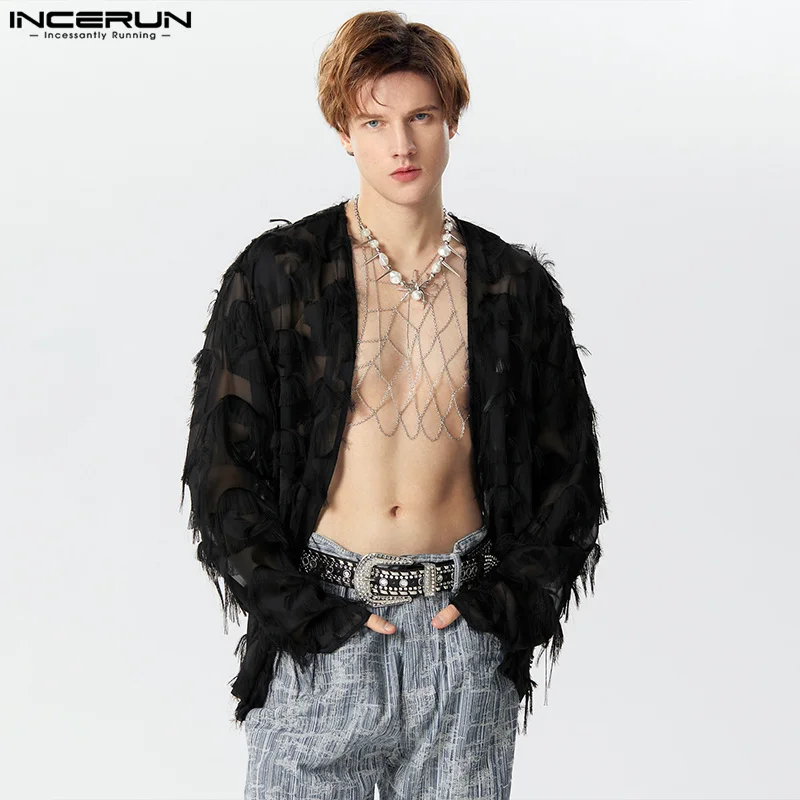 Fashion Casual Style Tops INCERUN 2024 New Men\'s Lace Tassel Shirts Stylish Clubwear Hot Sale Long Sleeved Cardigan Blouse S-5XL