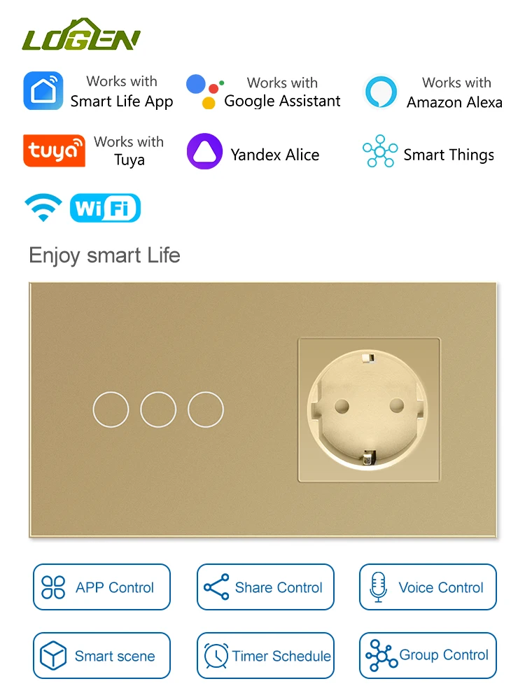 LOGEN Wifi 1/2/3Gang Smart Touch Switch Wall Light Switch Glass Panel Tuya Smart Life App Control Plus Normal Socket EU Standard