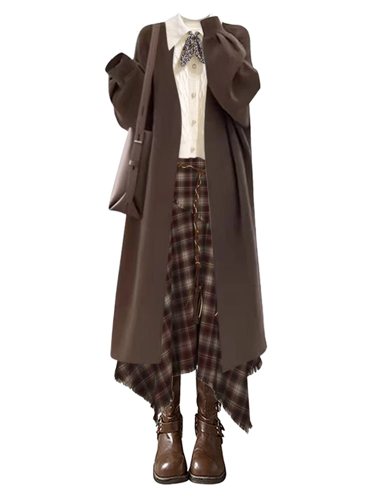 الكورية Sle ميدي منقوشة تنورة مجموعة المرأة الشتاء Faion عالية الخصر سليم صالح سترة معطف مطابقة الزي طويل Sve irt