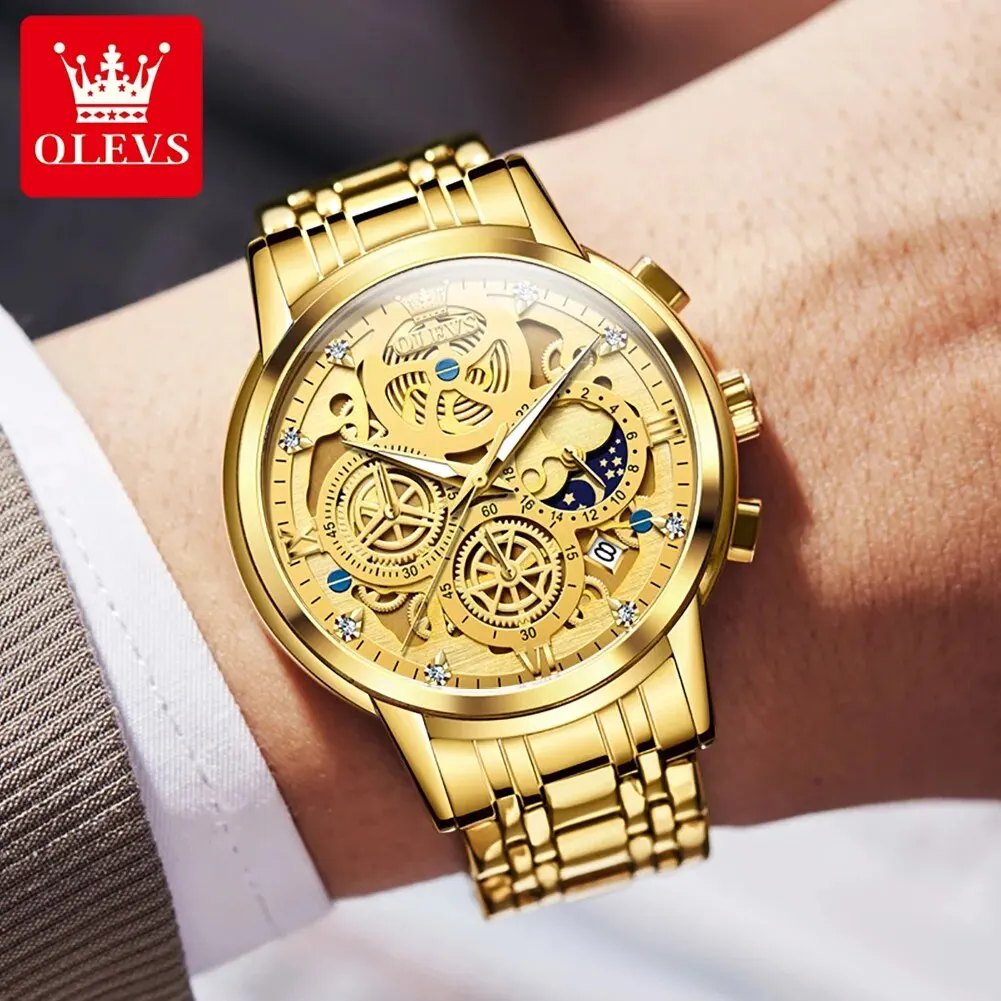 OLEVS 9947 Men\'s Watches Top Brand Luxury Original Waterproof Quartz Watch for Man Skeleton Style 24 Hour Day Night Wristwatch