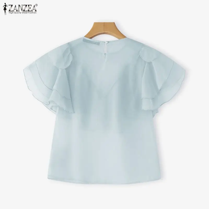 

ZANZEA Elegant Blouse Summer Ruffled Women Solid Tops Fashion Short Sleeve See-through Casual Loose Blusas Femininas Work Shirts