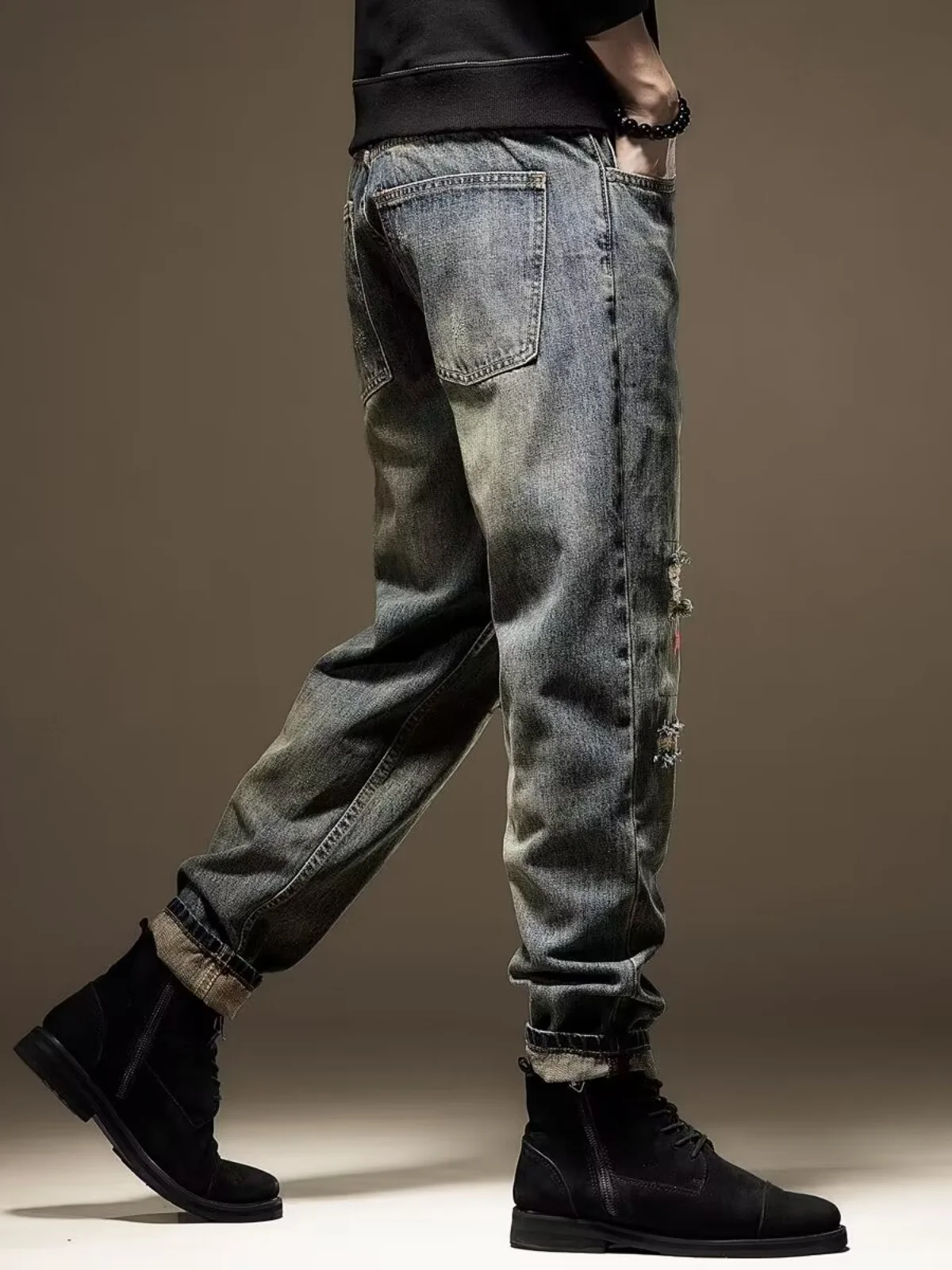 Retro American Denim Jeans Men Loose Straight Leg Slim Fit High Street Trendy Hole Punching Pants Spring Autumn Casual Wear