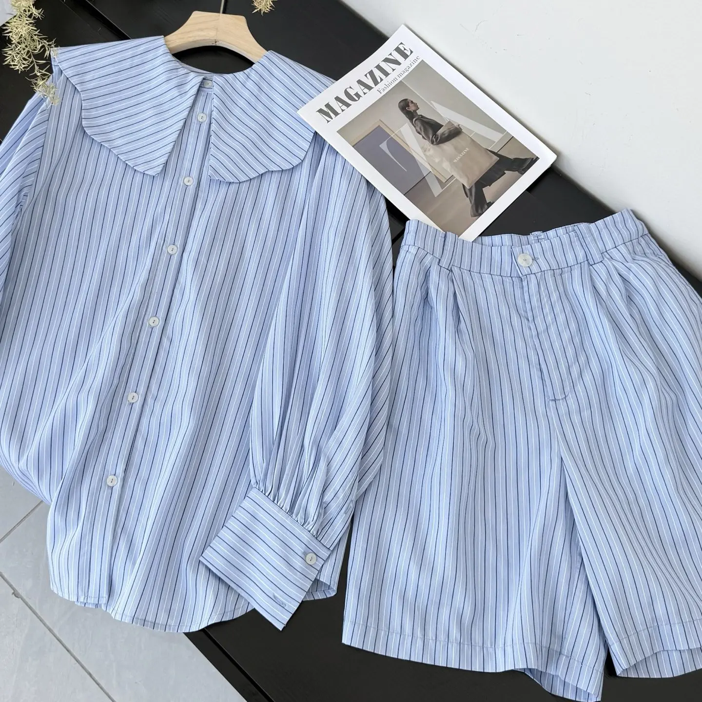 

Loose Wide Leg Short Pants Set with Doll Collar Striped Shirt for Women Autumn Fashion Outfit Two Piece Set Universal Size