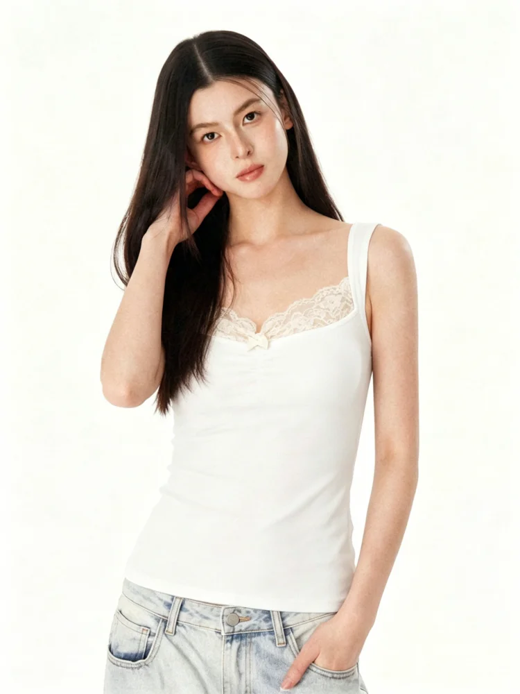 Women's 95 Cotton Summer Lace  Knot Strap Vest plus Size Slim Fit Innerwear Outerwear Base Shirt Simple Style