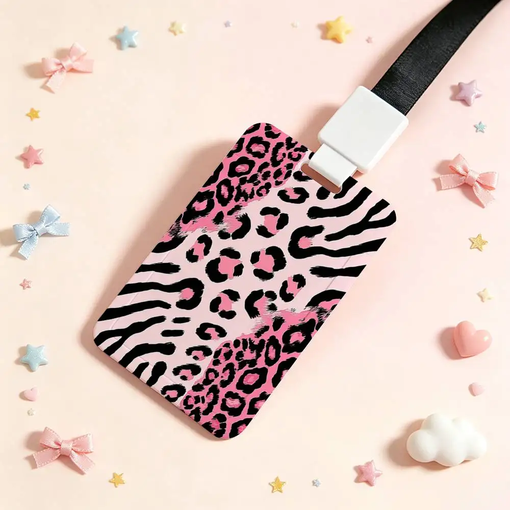 Pink Black Leopard Print NFC Contactless Sliding Card Sleeve For Student Cards, Bus Cards, ID Cards, And Work Permits
