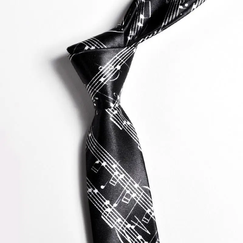 Unisex Narrow Necktie Soft Silky Music Notes Printed Piano Guitar Pattern Tie for Wedding Guest