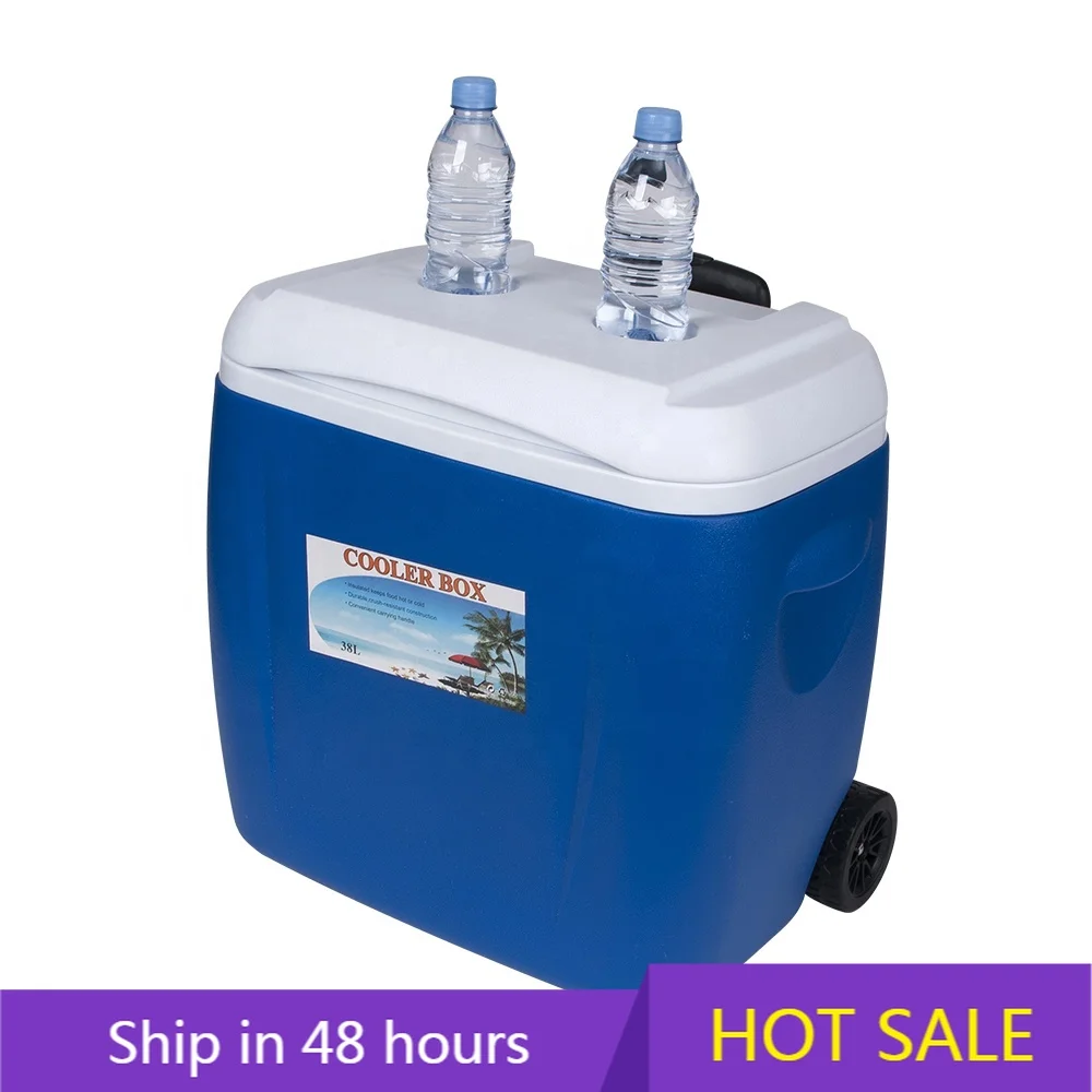

POWER LEAPPromotion Good Quality 38L Plastic Camping and Outdoor Cool Box with Wheel for Fishing Picnic or Barbecue Shipping F