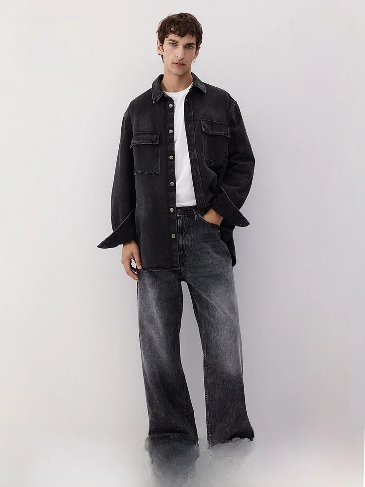 

Мужские джинсы H&M: зимние, свободные, удлиненные, с изогнутыми штанинами, повседневные, хлопковые, со средней посадкой, на молнии, для весны и осени