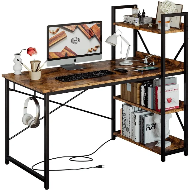 

Computer Desk 47" with Power Outlet & Storage Shelves, Study Writing Table with USB Ports Charging Station