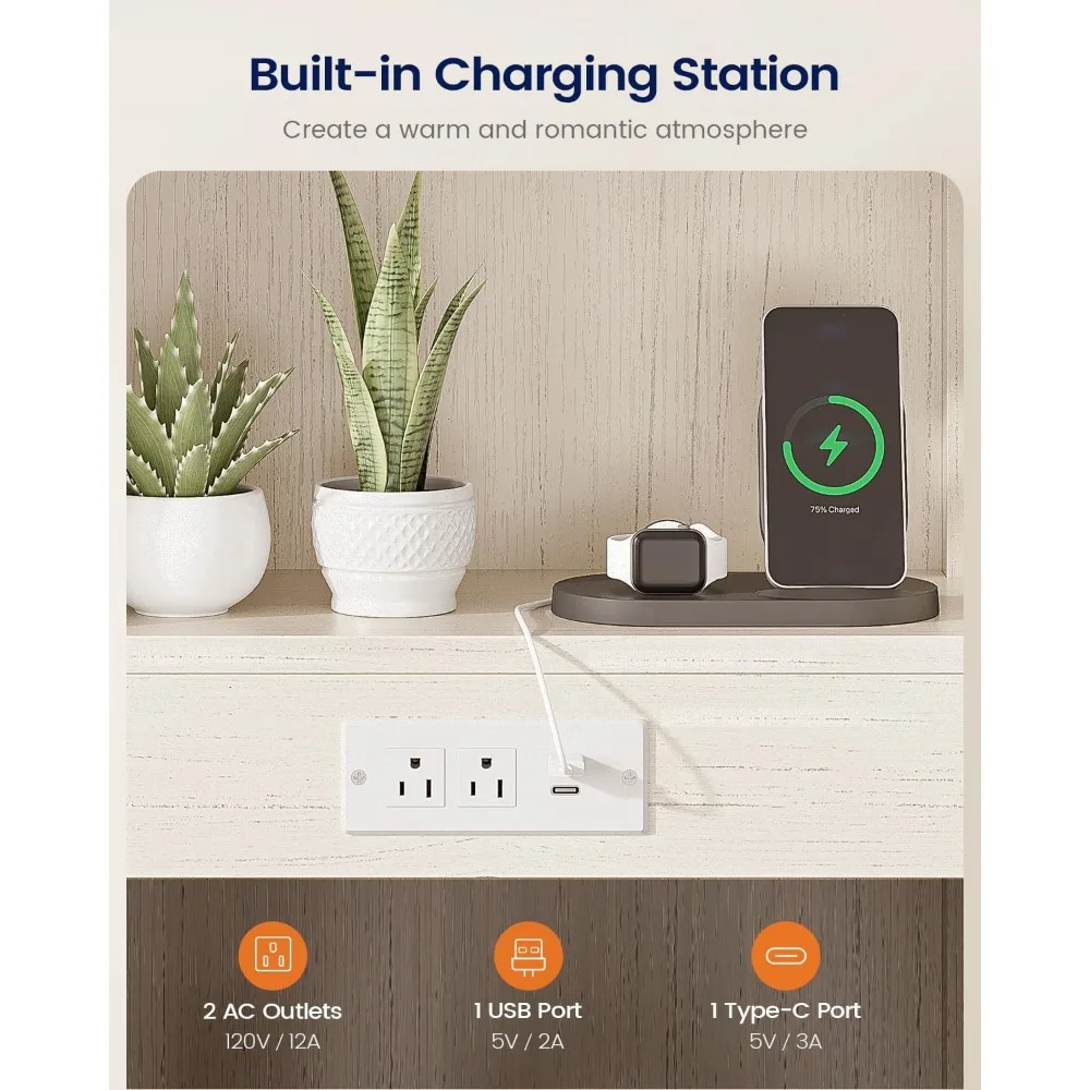 โต๊ะข้างเตียงพร้อมที่ชาร์จ 2 ลิ้นชัก ชั้นวางหนังสือ LED สีขาว โต๊ะข้างเตียง 6 ฟังก์ชั่น