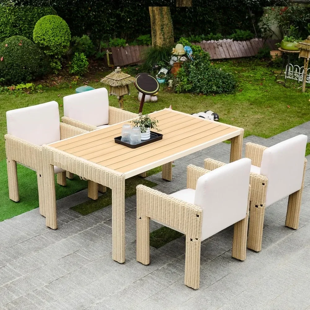 

Wicker Outdoor Dining Set for 4, Upholstered 5 Piece Patio Dining Set with Armrests, High Back Outdoor Dining Table Sets