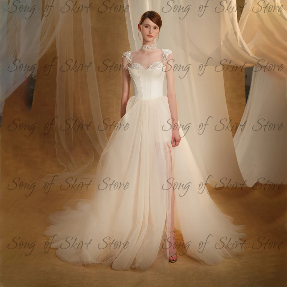 

High Neck A-Line Formal Evening Dress Side Split Beading Sequined Prom Gown See-Through Sweep Train Long Graduation Party