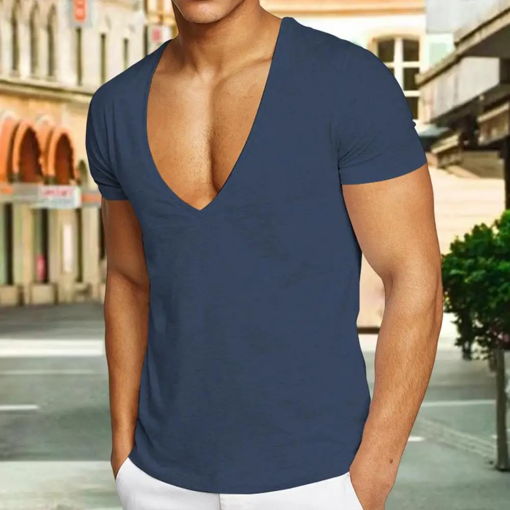 Men T-shirt Deep V Neck Slim Fit Pullover Thin Workout Sweat Absorption Mid Length Sports Top Men Clothes