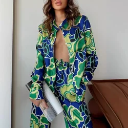 Satin Silk Pajamas for Women Pattern Print Loose Two Piece Sleepwear Lace-up Cardigan Tops Long Pants Lounge Set Beach Outfits