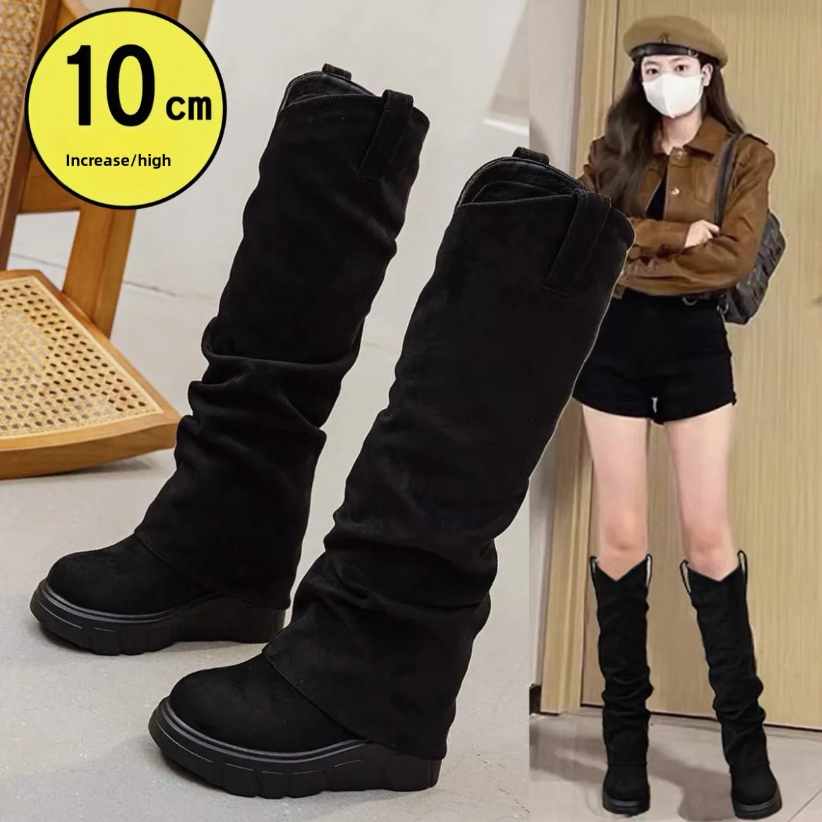 

Elastic Long Tube Knight Boots Women's High Top Velvet Elastic Cuff Boots Inner Heightening 0cm Daily Wear Winter Boots