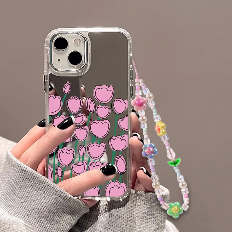 Kolorowa bransoletka z lusterkiem do makijażu Etui na telefon ze smyczą do iPhone'a 13 Pro Max Etui na iPhone'a 15 12 11 14 13 Pro X XS XR Cover