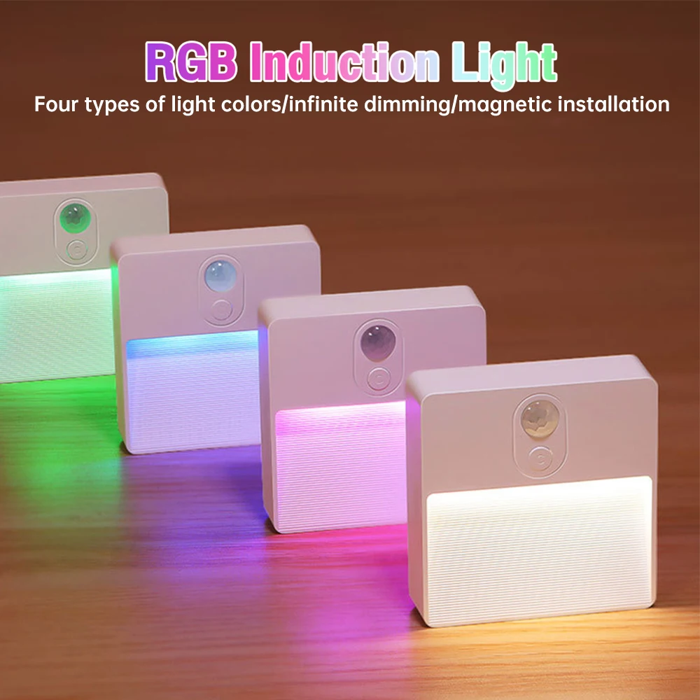 

Motion Sensor Led Night Light Usb Charging Square Lamp Four Color-Changing Lamp for Bedroom Kitchen Stair Hallway Wardrobe