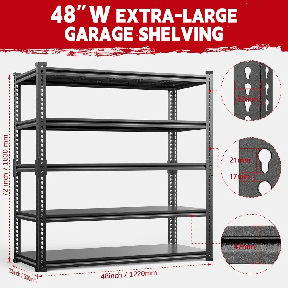 Garage Shelving, 48" Wide 5-Tier 3000lbs, Boltless Assembly, Adjustable Large Garage Storage Shelves, Heavy Duty Storage Rack