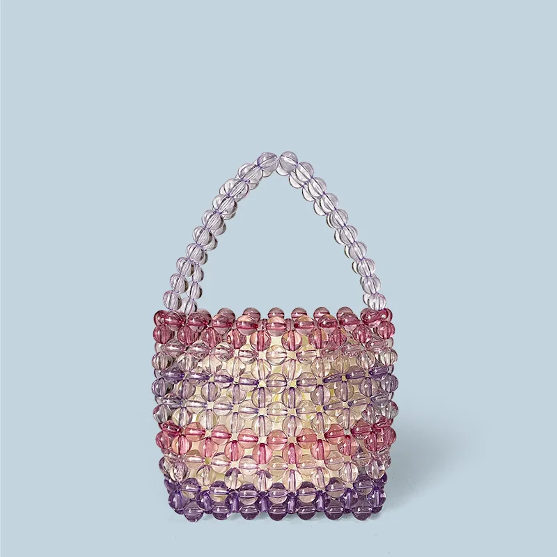 Customizable 2024 New Rainbow Bead Bag Transparent Acrylic Beads Hand Woven Hollow Handbag Mixed Color Ins Design Women's Bags