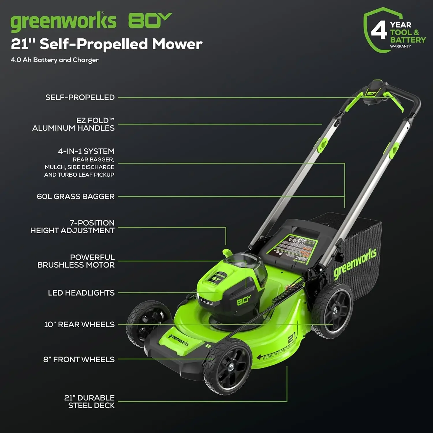 Greenworks-cortacésped inalámbrico sin escobillas, autopropulsado, faro LED + mangos de aluminio, 80V, 21"