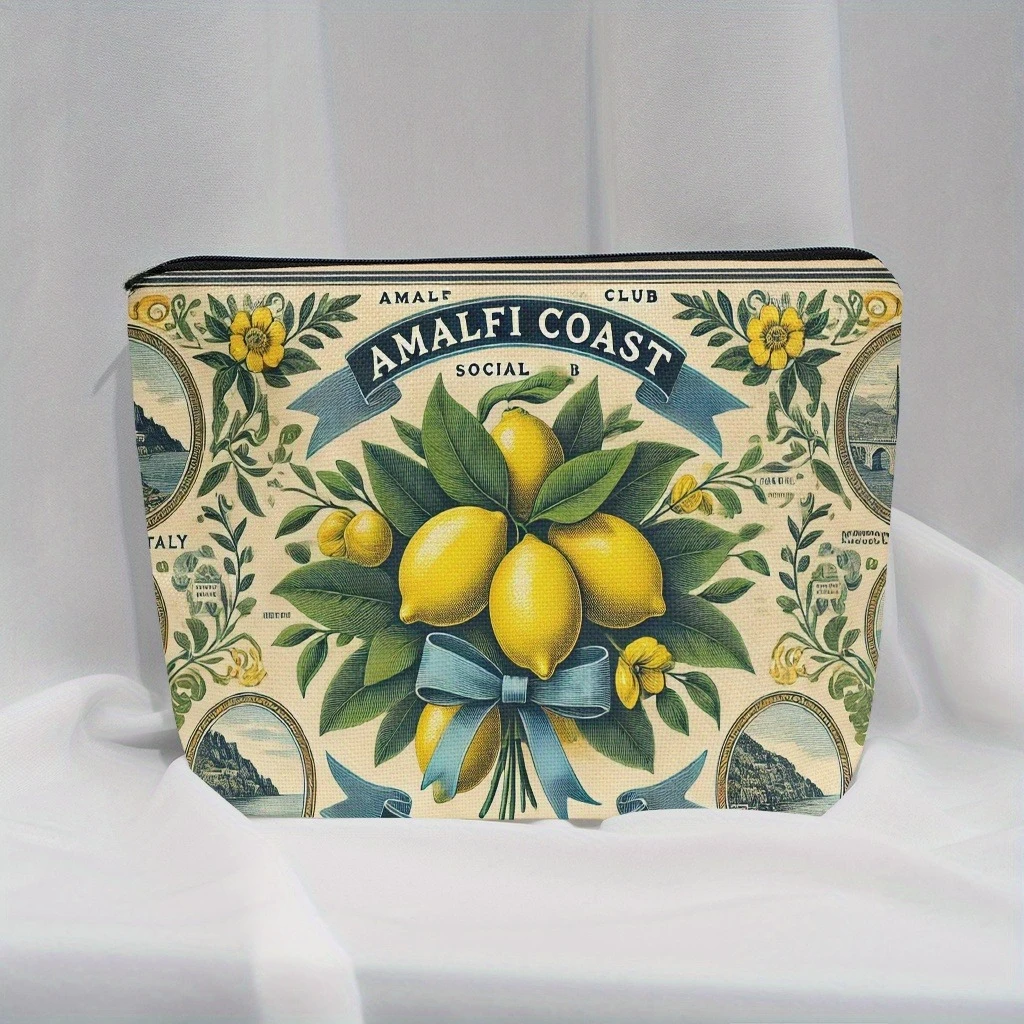 1pc Amalfi Coast Italy Social Club Women's Makeup Bag - Vintage Floral Lemon Design