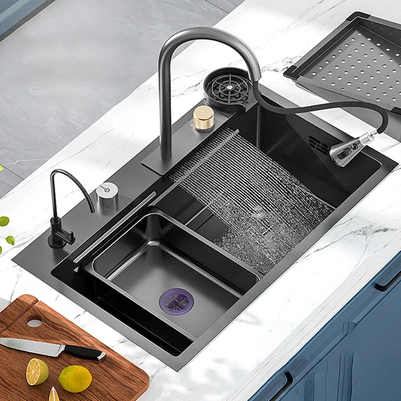 Waterfall Kitchen Sink Stainless Steel Apartment Nano Large Single Slot Multi-functional Washing Basin with Waterfall Faucet