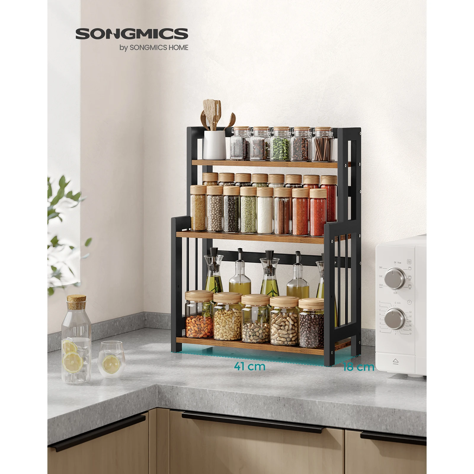 SONGMICS 3-Tier Spice Rack: Bamboo Desktop Organizer for Kitchen, Dining Room, Office, Rustic Brown/Black, Space-saving Storage.