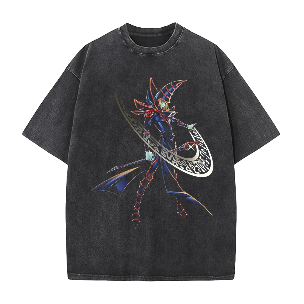 Anime Yu-Gi-Oh! T-shirt Dark Magician Vintage Washed Oversized T Shirt Men's Clothing Summer High Quality Pure Cotton Tees Tops