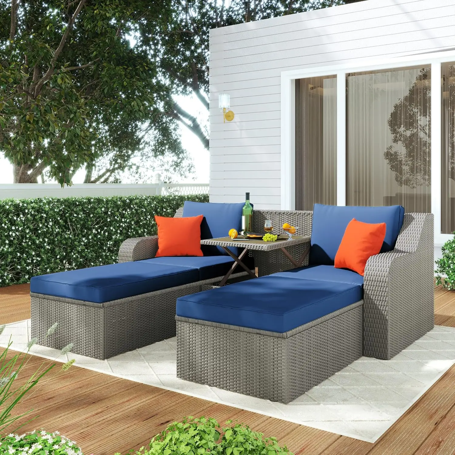 Patio Wicker Sofa Set 3-Piece With Cushions, Pillows, Ottomans & Lift Top Coffee Table, Customized