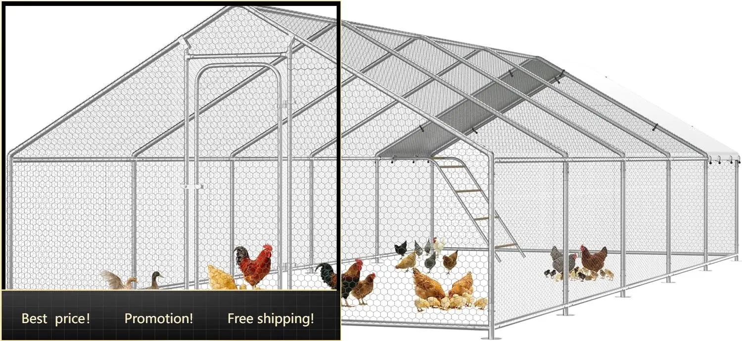 

Large Metal Chicken Coop with Roosting Perch, Waterproof and UV Protection Cover, Chicken Run Outdoor Walk-in Cage Chicken Rabbi